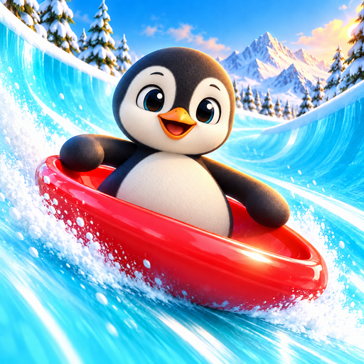 A cheerful penguin riding a glossy red sled through a turquoise ice chute beneath snowy alpine peaks.