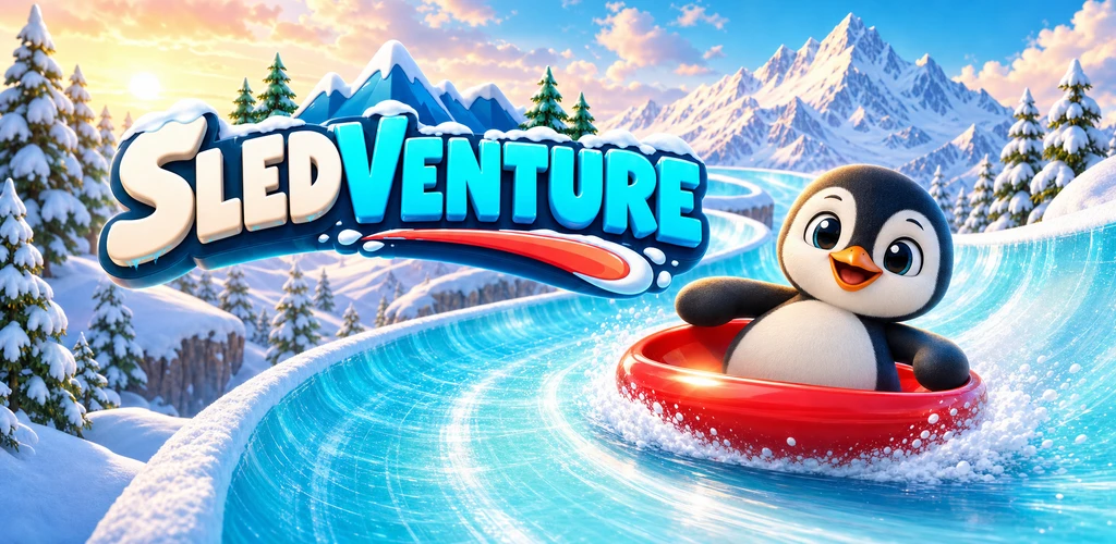 SledVenture promotional illustration with snow-edged lettering and a penguin in a red sled on an alpine ice track.