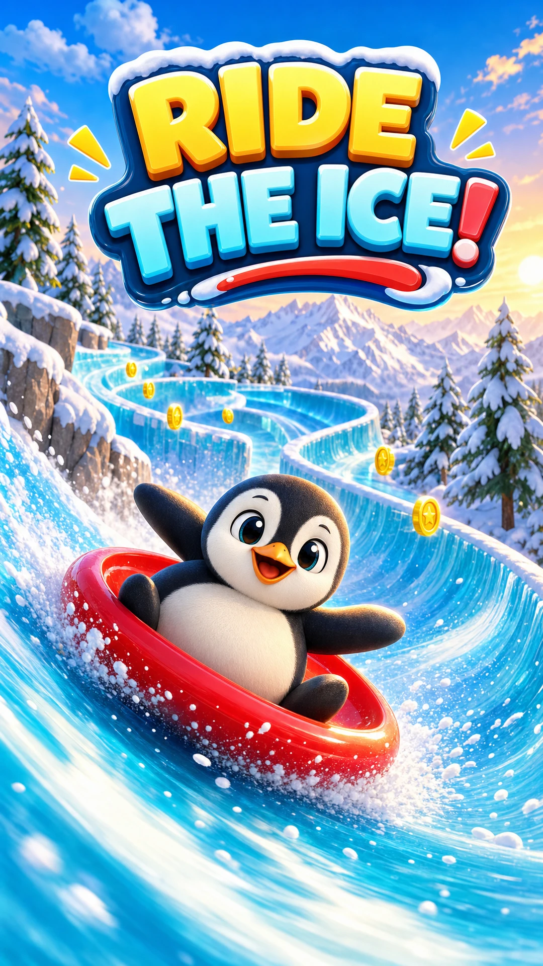 Promotional artwork: Ride the Ice! A penguin rides a red sled through an alpine ice chute.