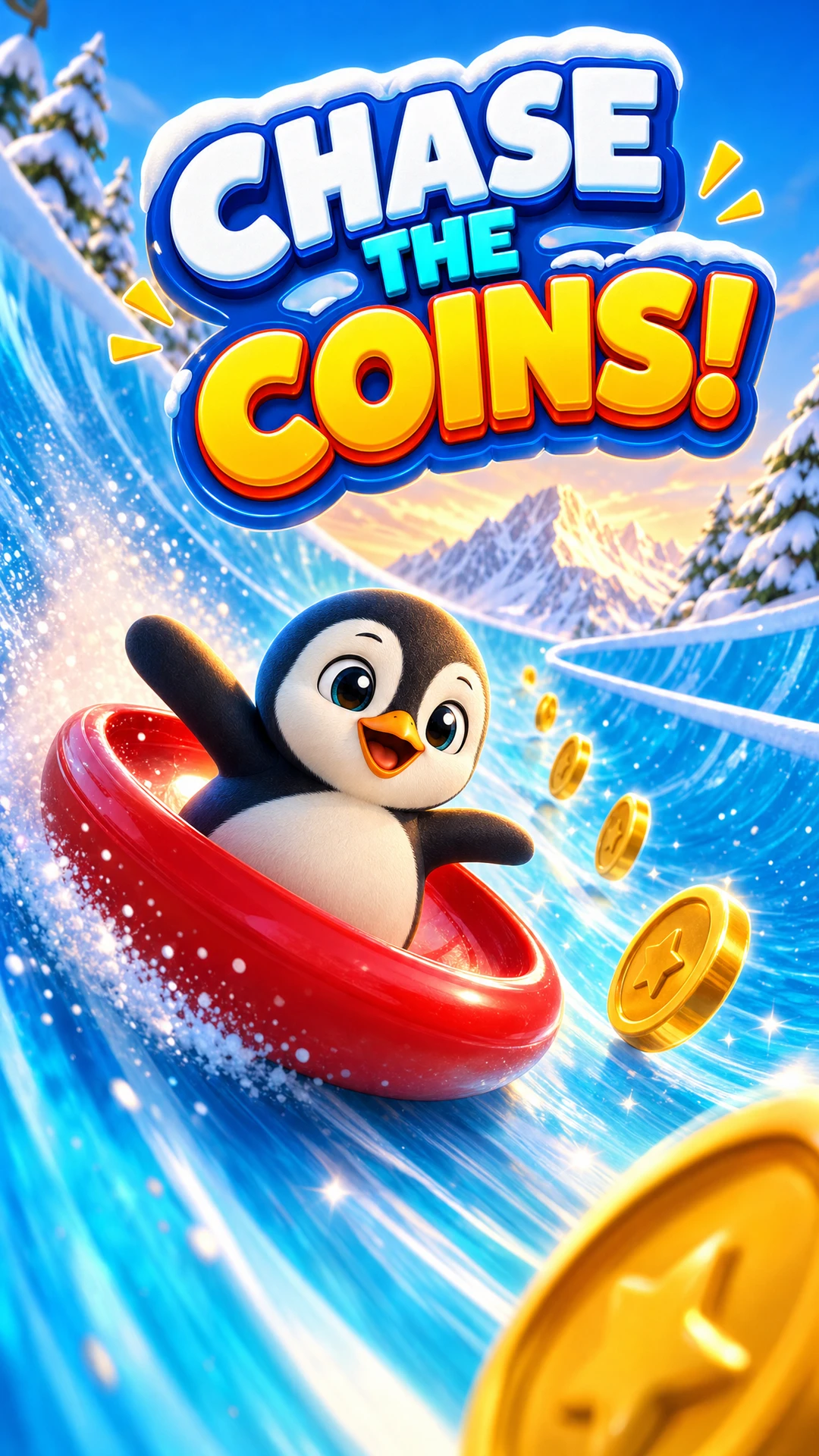 Promotional artwork: Chase the Coins! A penguin follows gold coins along an icy track.