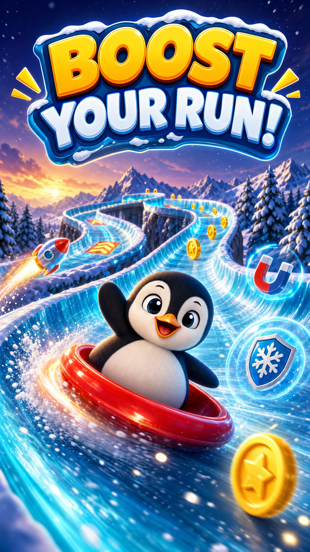 Promotional artwork: Boost Your Run! A penguin in a red sled with illustrated power-ups.